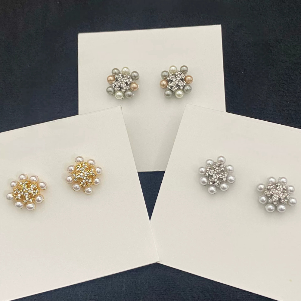 Tory Burch Pearl Rhinestone Double Flower Stud Earrings